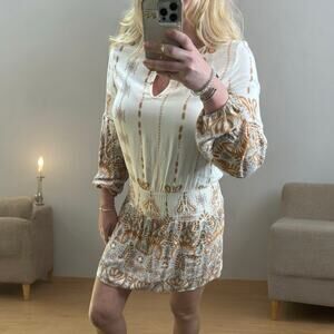 MINKPINK Revolve Long Sleeve Flutter Drop Waist Mini Dress Cream Boho Medium